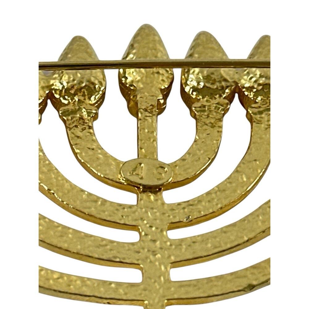 Vintage Gold Tone Menorah Hanukkah Brooch Amber Blue Rhinestone Judaica Pin - Picture 4 of 5